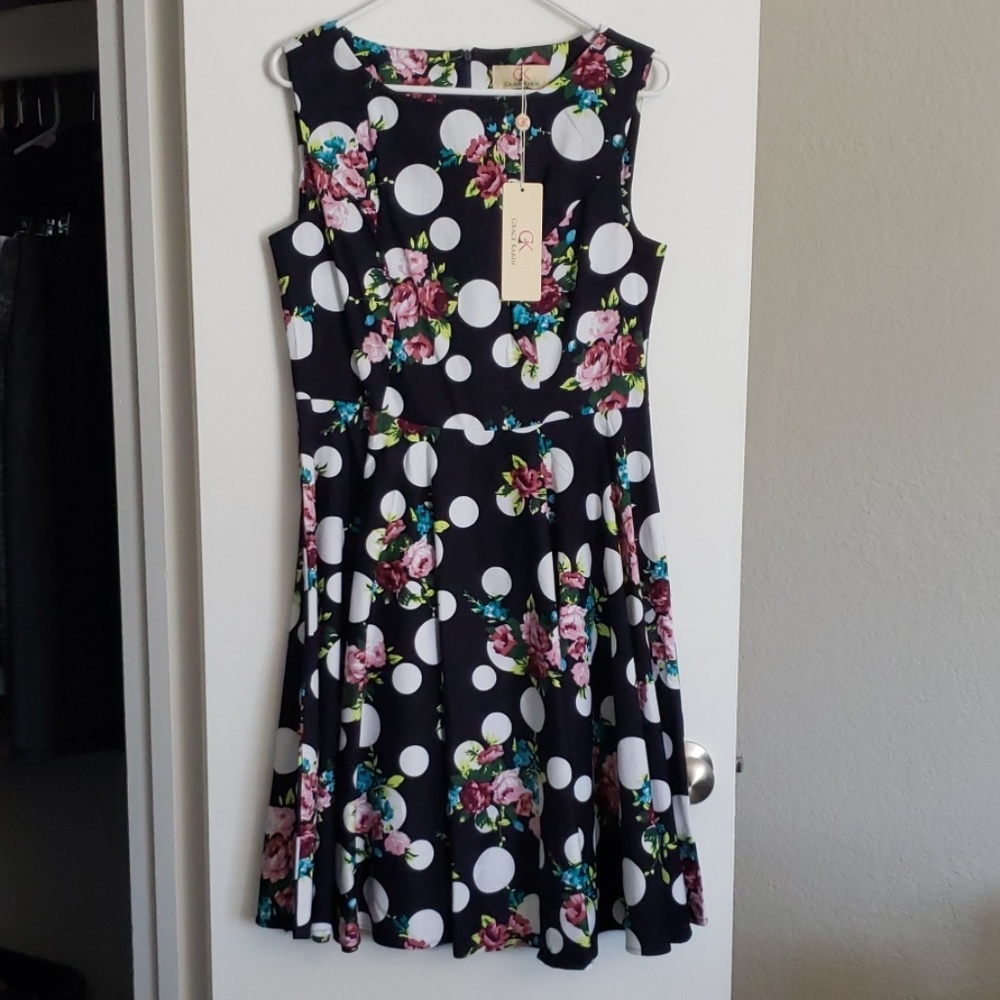 Navy and White Floral A Line Dress